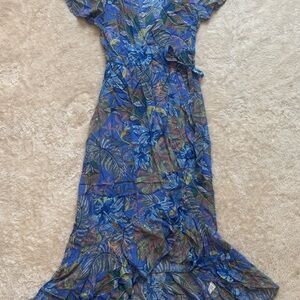 Olivaceous Women’s Midi Dress Wrap Blue Cololful Leaves Deep V Neck Sz Medium